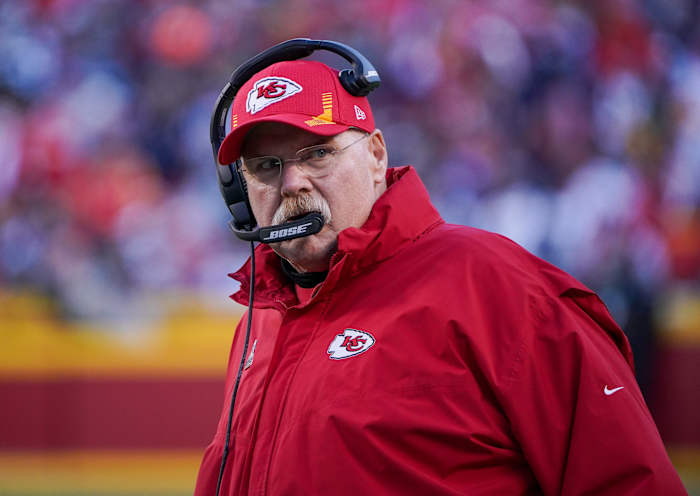 Nov 21, 2021; Kansas City, Missouri, USA; Kansas City Chiefs head coach Andy Reid watches play against the Dallas Cowboys during the first half at GEHA Field at Arrowhead Stadium. Mandatory Credit: Denny Medley-USA TODAY Sports